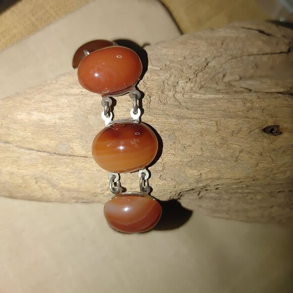 Silvertone Carnelian Agate looking Amber Link Bracelet Oval Cabochons Vintage - Picture 11 of 12